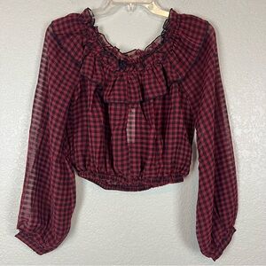 Olivaceous Red Black Check Ruffled Lantern Sleeve Off Shoulder Sheer Top Small